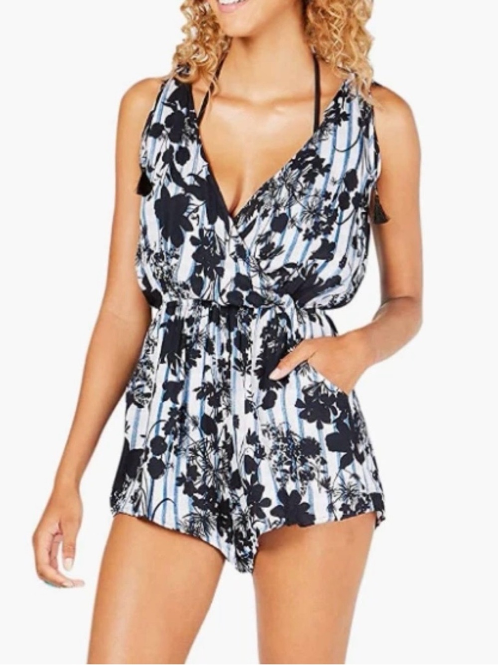 Lucky Brand Womens Floral Swimwear Cover Up Shoulder Tie Romper Sz Large Blue